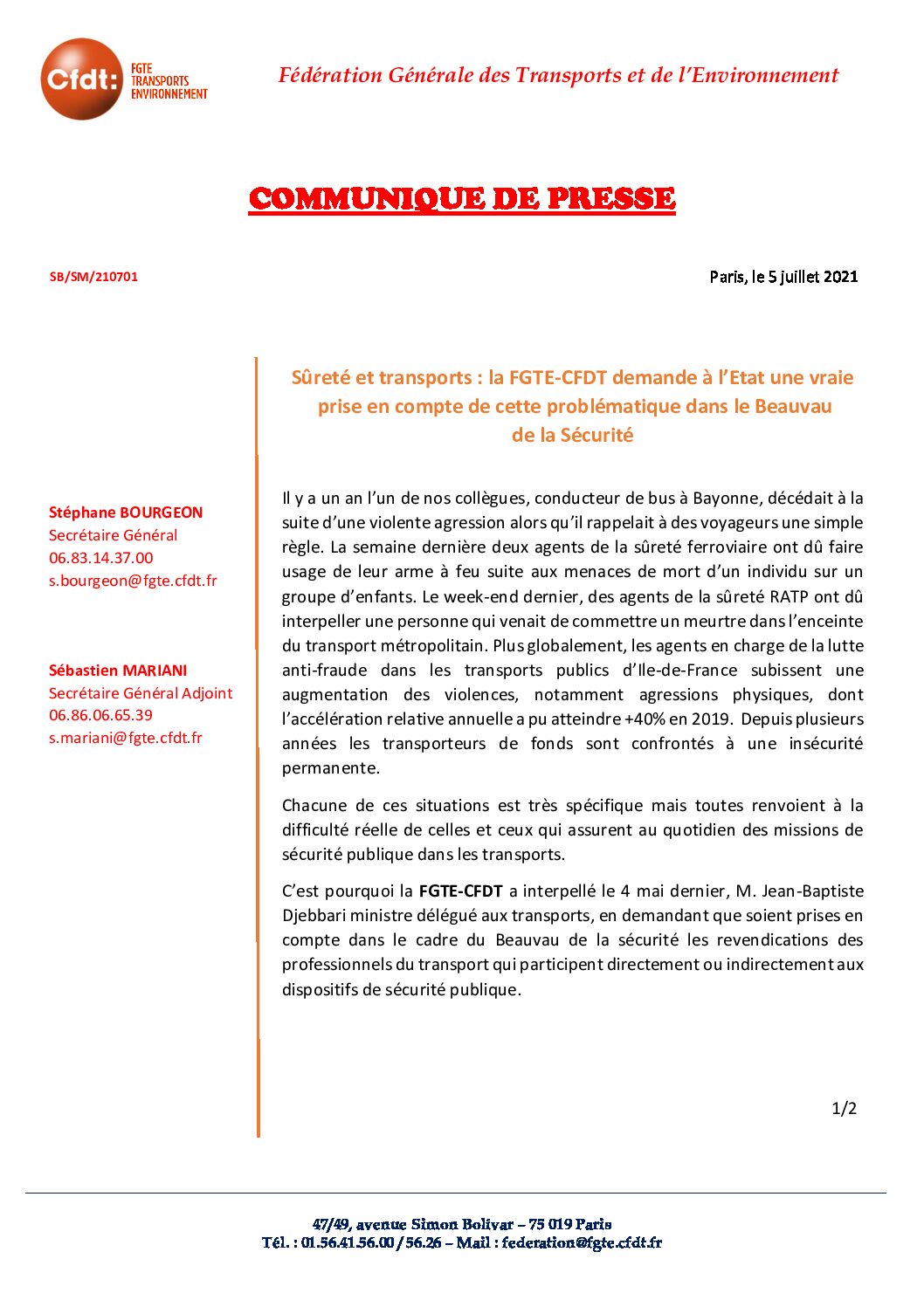 Sûreté et transports : la FGTE-CFDT demande à l’Etat une vraie prise en compte de cette problématique