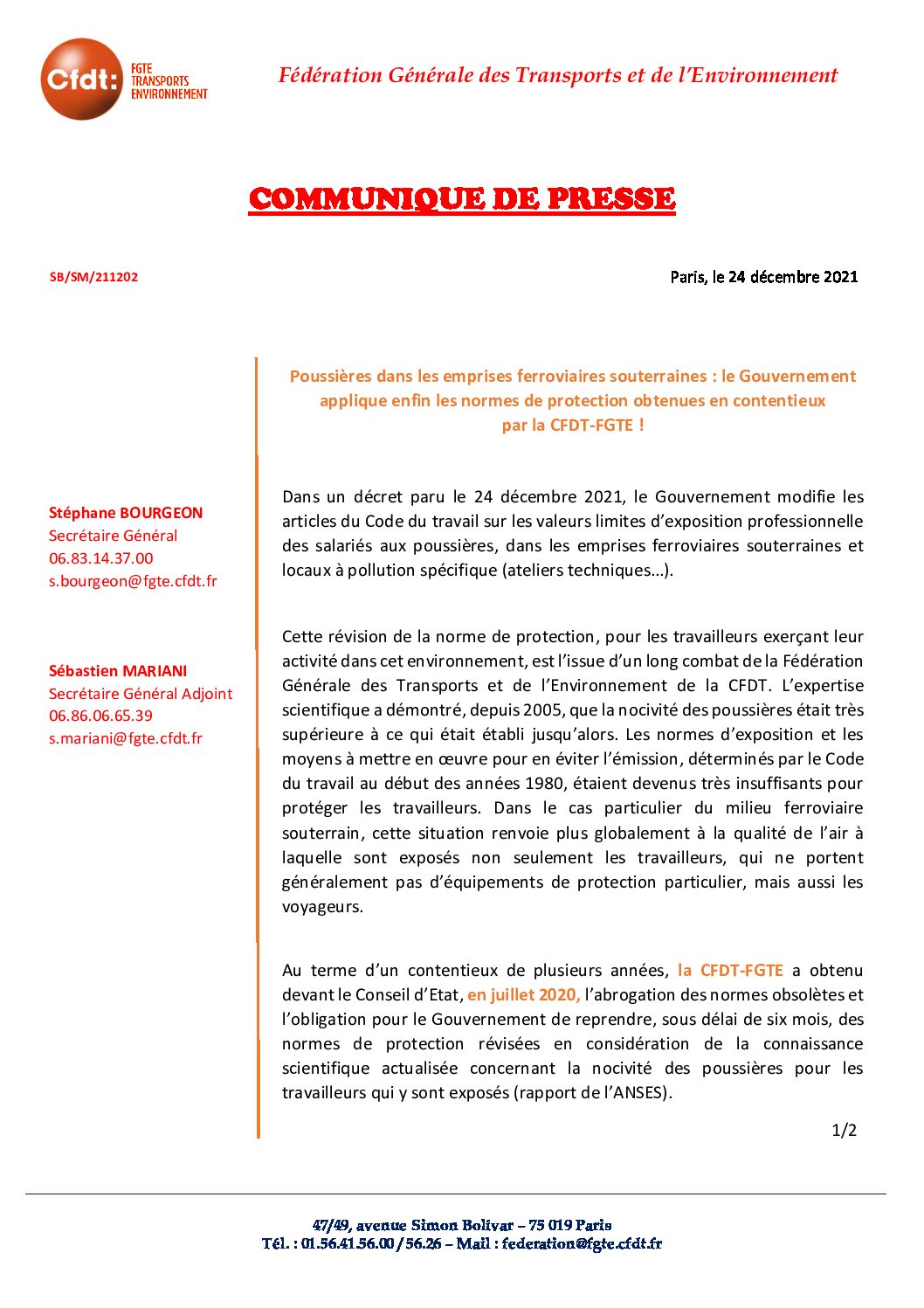 Poussières dans les emprises ferroviaires souterraines