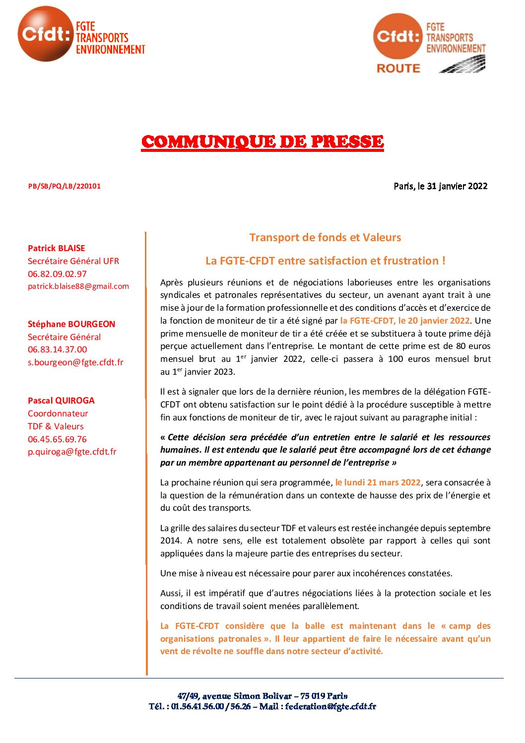 Transport de fonds et Valeurs : La FGTE-CFDT entre satisfaction et frustration !