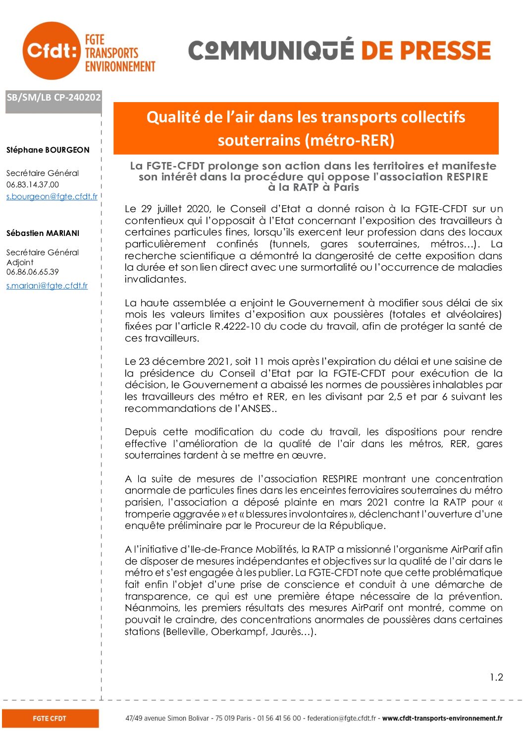 Qualité de l’air dans les transports collectifs souterrains