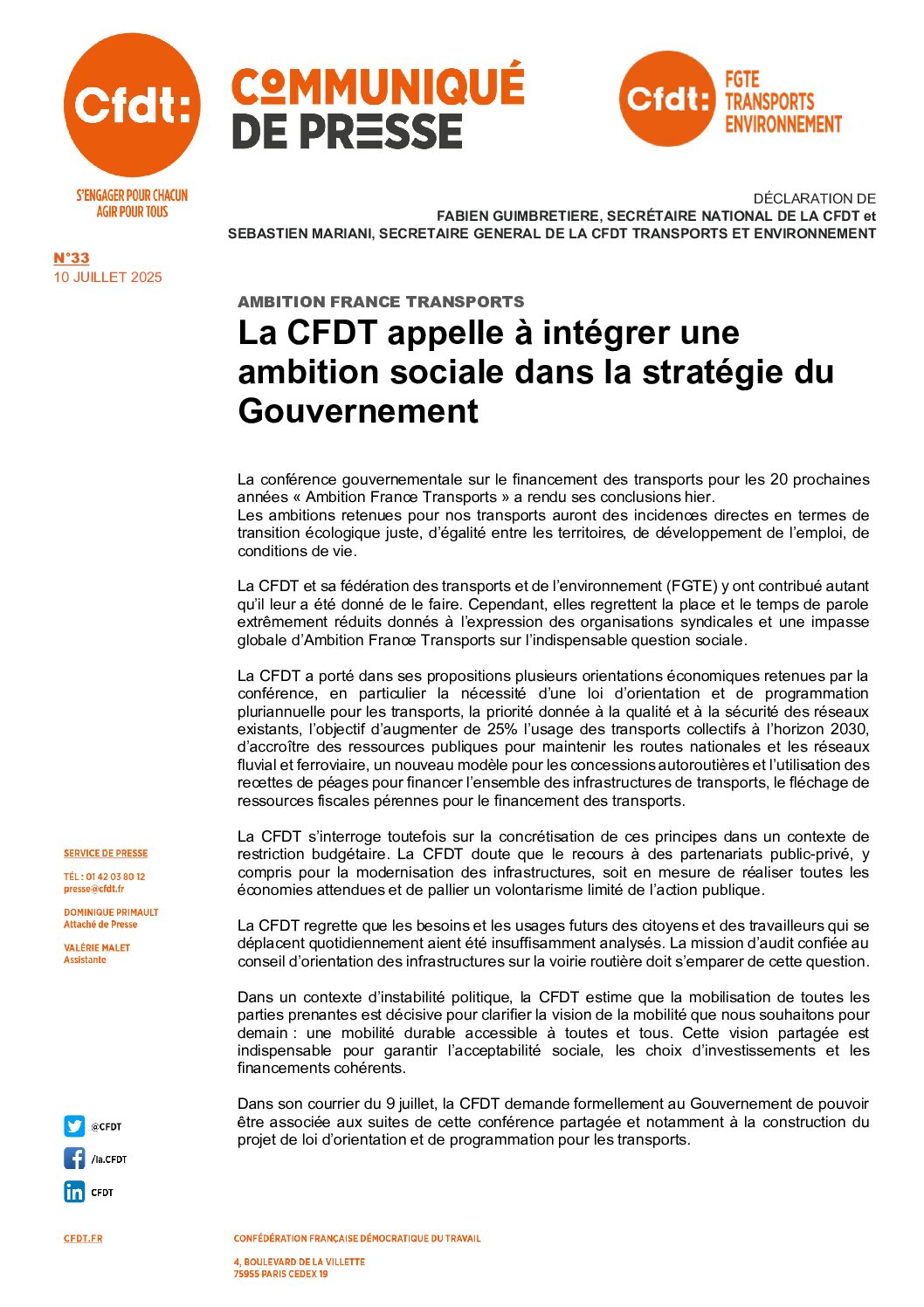 Ambition France Transports : la CFDT veut aussi une ambition sociale pour les transports de demain