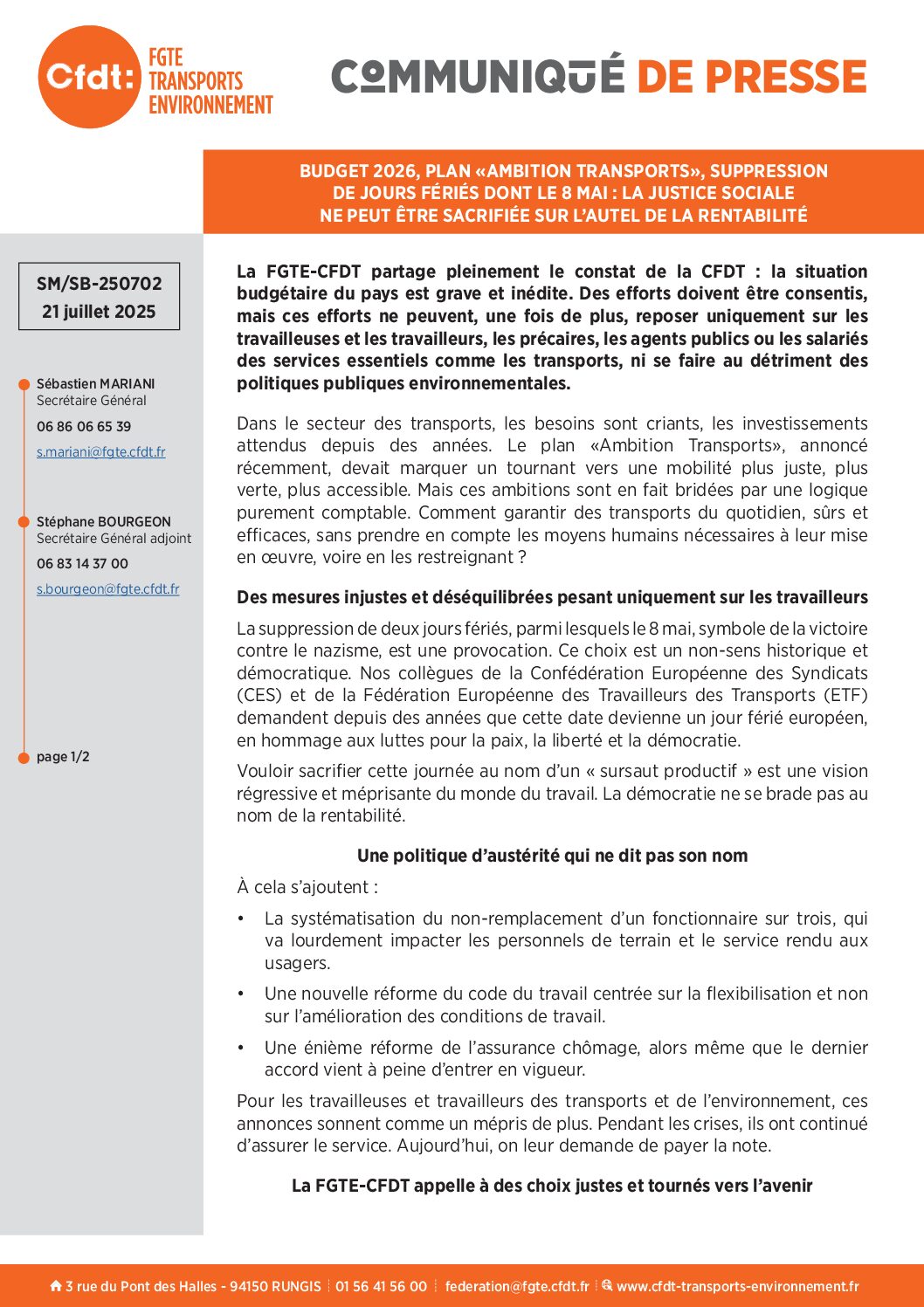 Budget 2026, plan «Ambition Transports», suppression de jours fériés dont le 8 mai : La justice sociale ne peut être sacrifiée sur l’autel de la rentabilité