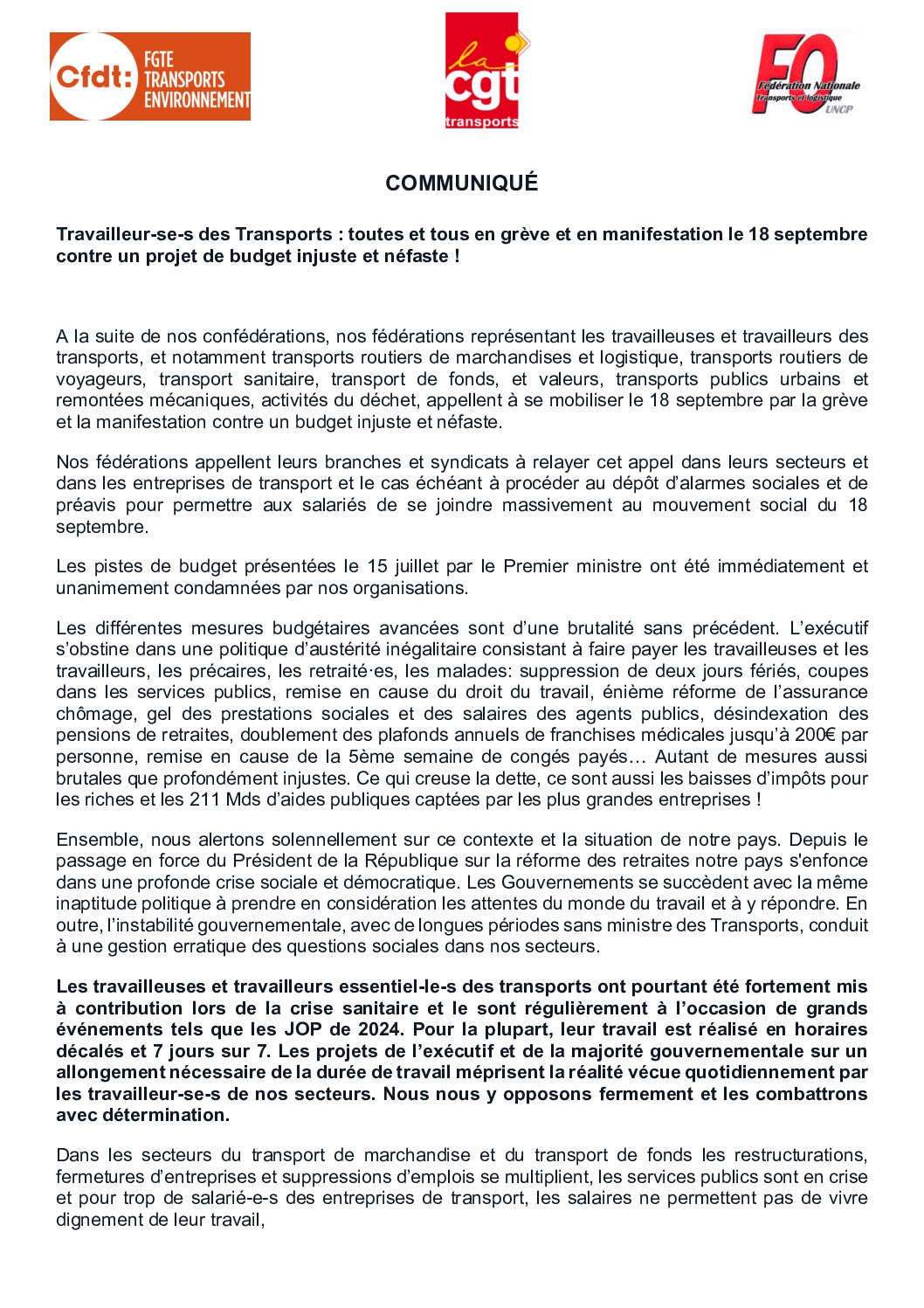 Travailleur-se-s des Transports : toutes et tous en grève et en manifestation le 18 septembre contre un projet de budget injuste et néfaste !